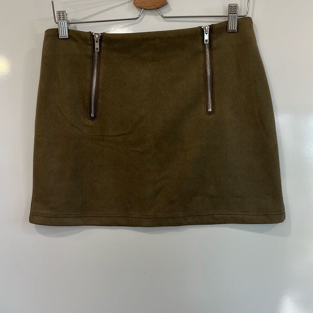 HYFVE Olive Faux Suede Double Zip Mini Skirt M